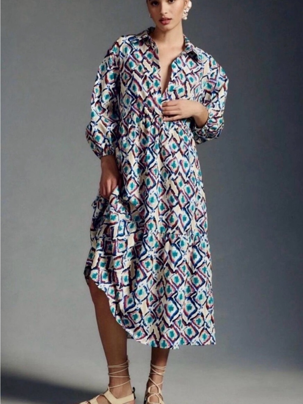 Anthropologie Maeve Betina Tiered Ikat Multi-Color Printed Maxi Dress in Medium - Picture 1 of 6